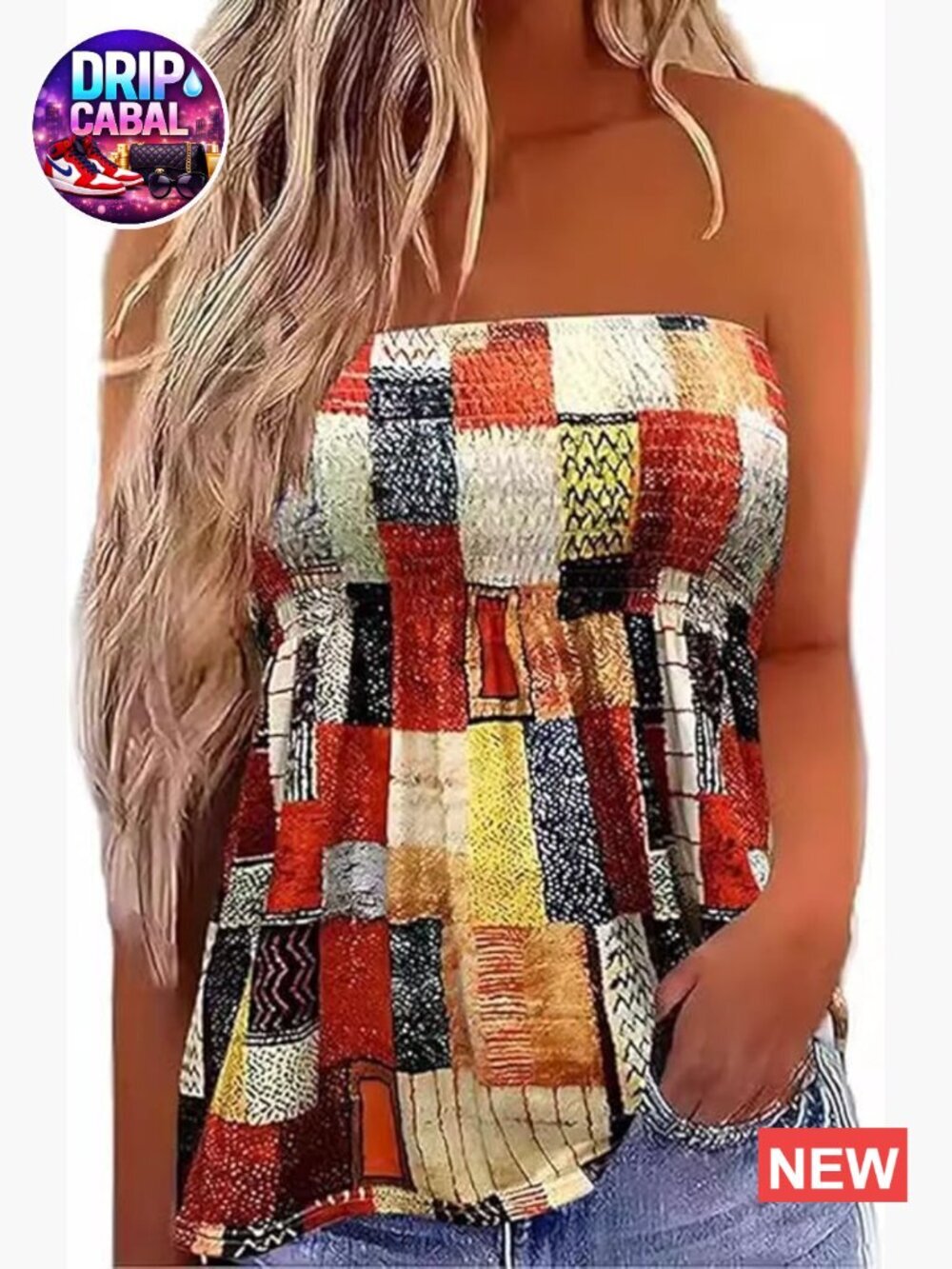 Vintage Patchwork Print Elastic Trim Strapless Tube Top